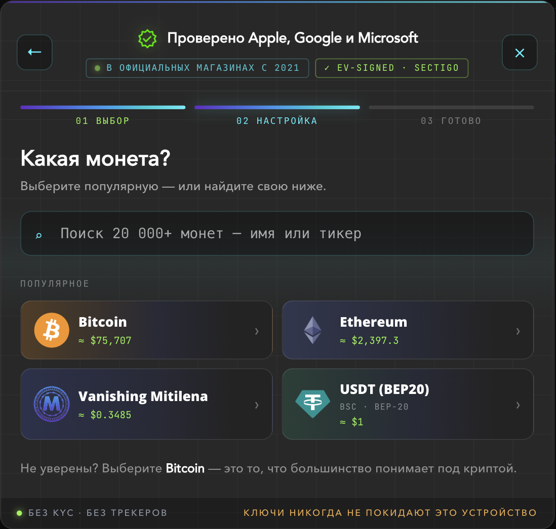 Obrazovka „Jaká mince?“ s Bitcoin, Ethereum a USDT